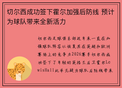 切尔西成功签下霍尔加强后防线 预计为球队带来全新活力