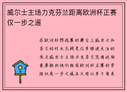 威尔士主场力克芬兰距离欧洲杯正赛仅一步之遥