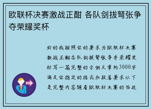 欧联杯决赛激战正酣 各队剑拔弩张争夺荣耀奖杯