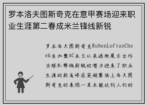 罗本洛夫图斯奇克在意甲赛场迎来职业生涯第二春成米兰锋线新锐